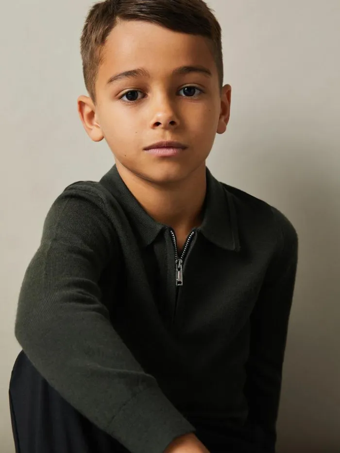 REISS Polo Shirts Children Merino Wool Zip Neck Polo Shirt Green