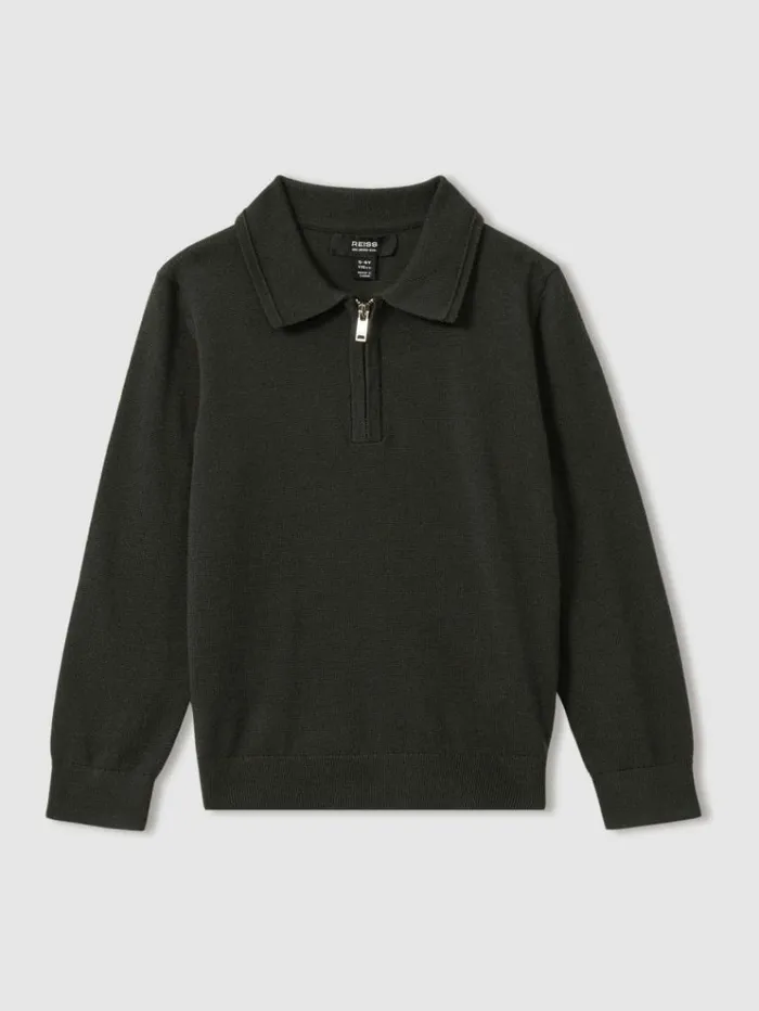 REISS Polo Shirts Children Merino Wool Zip Neck Polo Shirt Green
