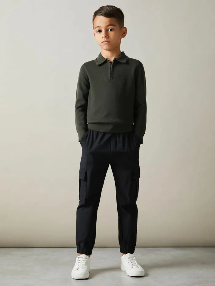 REISS Polo Shirts Children Merino Wool Zip Neck Polo Shirt Green