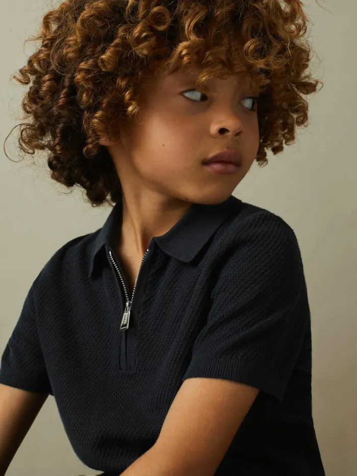 REISS Polo Shirts Children Textured Half Zip Neck Polo Shirt Navy