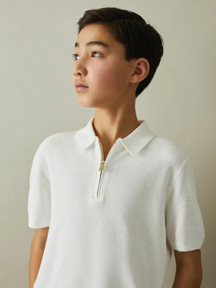 REISS Polo Shirts Children Textured Half Zip Neck Polo Shirt White