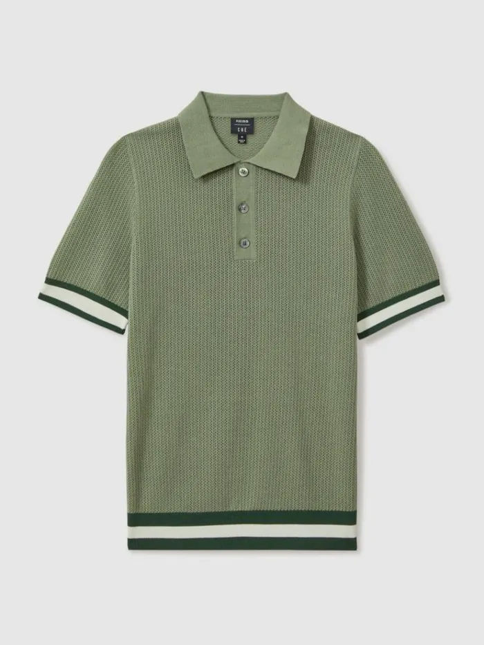 REISS Polo Shirts Men Ch Knitted HalfButton Polo Shirt Sage Green