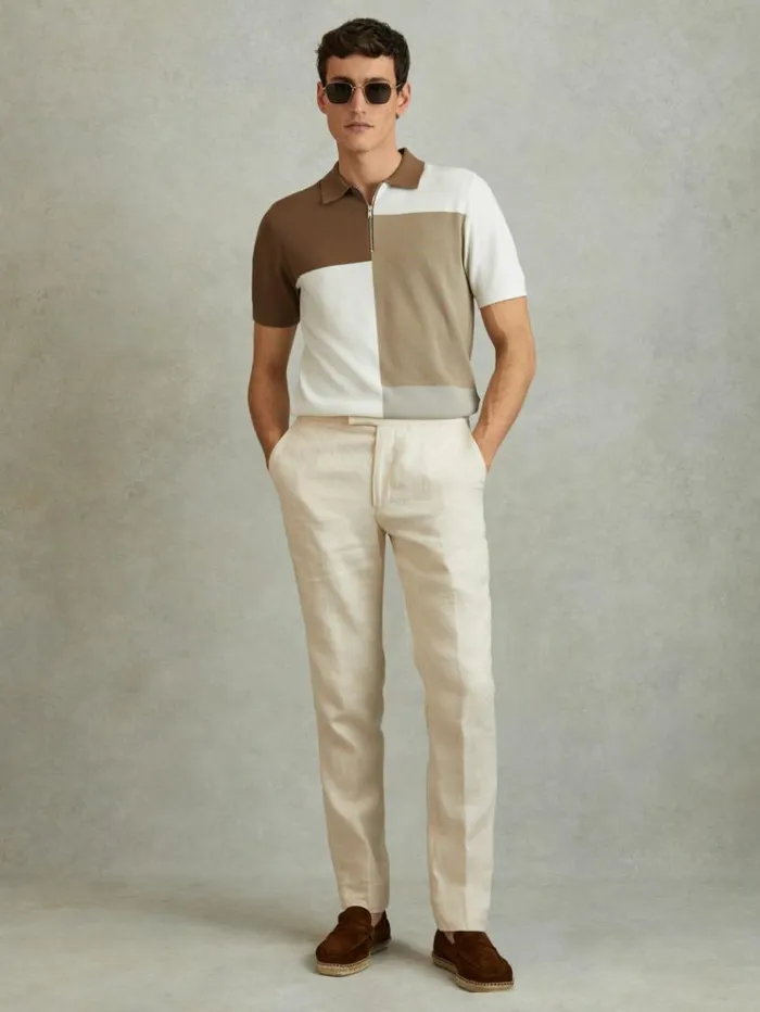 REISS Polo Shirts Men Colourblock HalfZip Polo Shirt Camel Multi