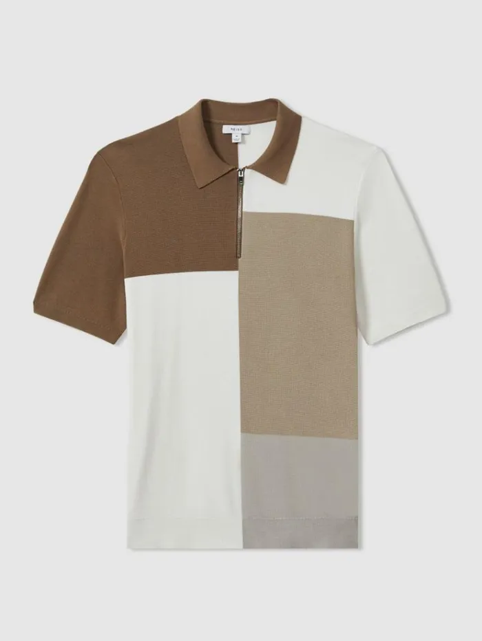 REISS Polo Shirts Men Colourblock HalfZip Polo Shirt Camel Multi