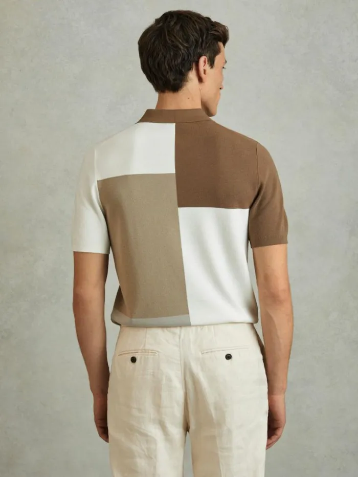 REISS Polo Shirts Men Colourblock HalfZip Polo Shirt Camel Multi