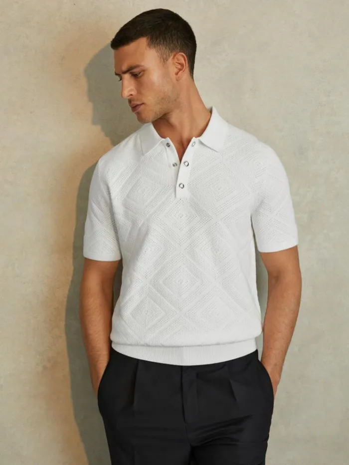 REISS Polo Shirts Men Cotton Textured PressStud Polo Shirt Optic White