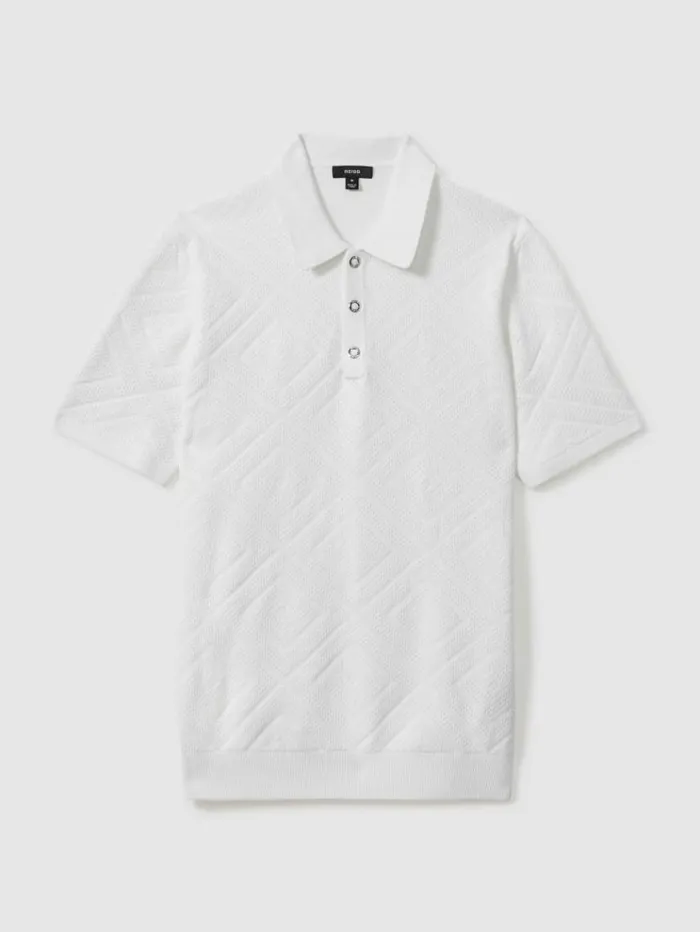 REISS Polo Shirts Men Cotton Textured PressStud Polo Shirt Optic White