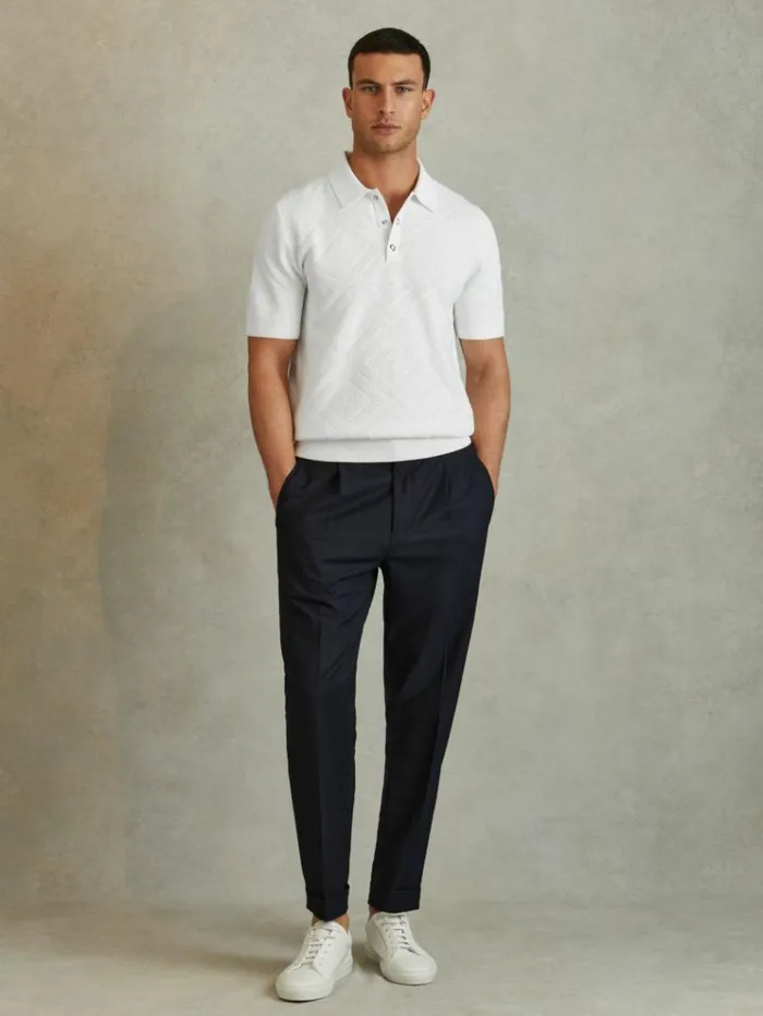 REISS Polo Shirts Men Cotton Textured PressStud Polo Shirt Optic White