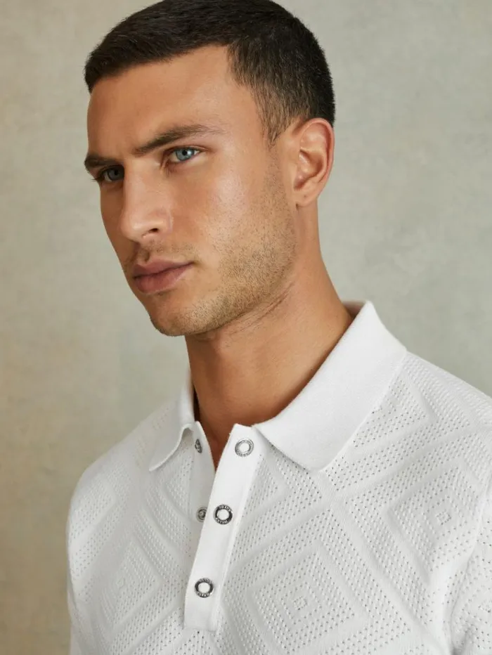 REISS Polo Shirts Men Cotton Textured PressStud Polo Shirt Optic White