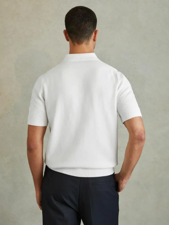 REISS Polo Shirts Men Cotton Textured PressStud Polo Shirt Optic White