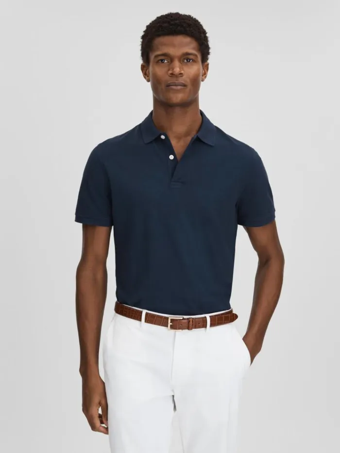 REISS Polo Shirts Men Garment Dyed Cotton Polo Shirt Airforce Blue