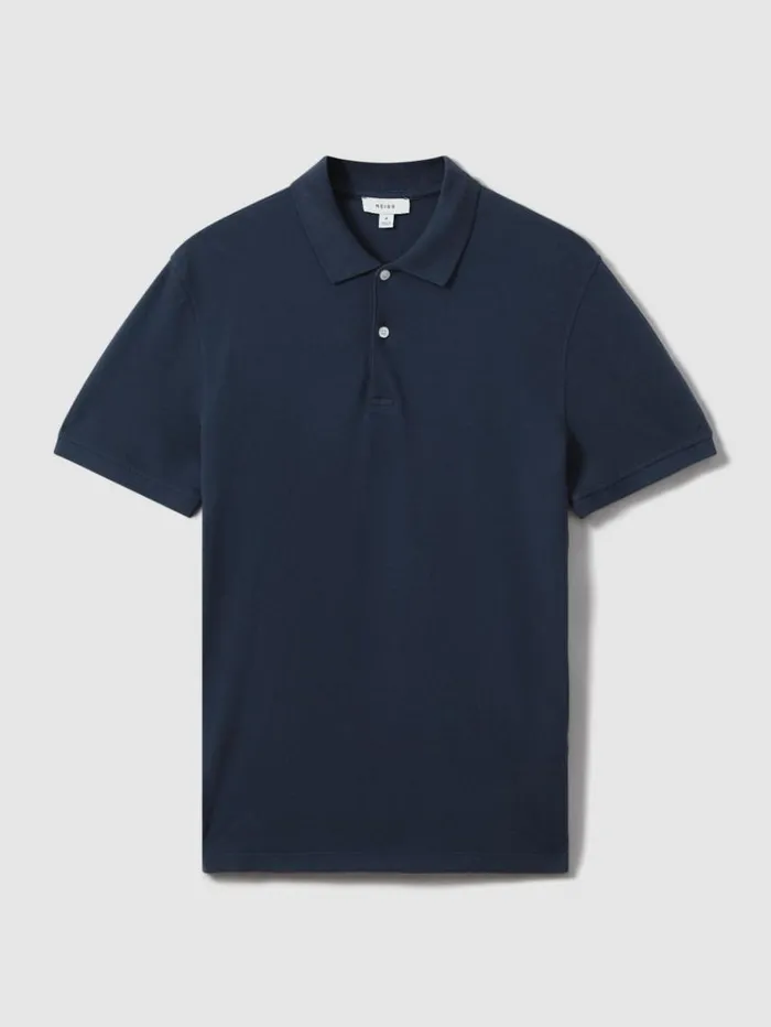 REISS Polo Shirts Men Garment Dyed Cotton Polo Shirt Airforce Blue