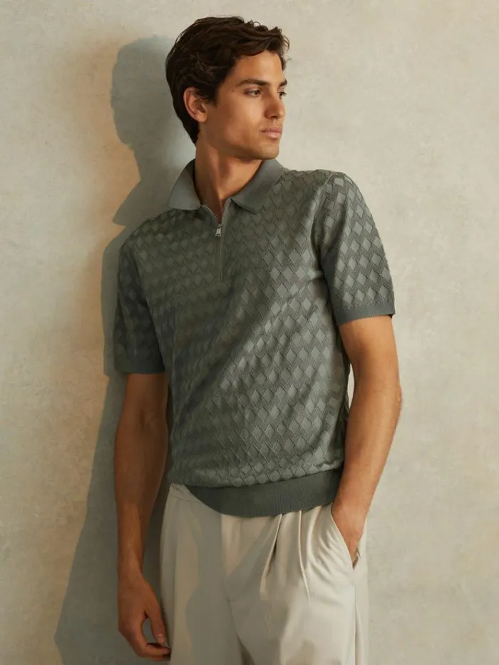 REISS Polo Shirts Men HalfZip Knitted Polo Shirt Sage