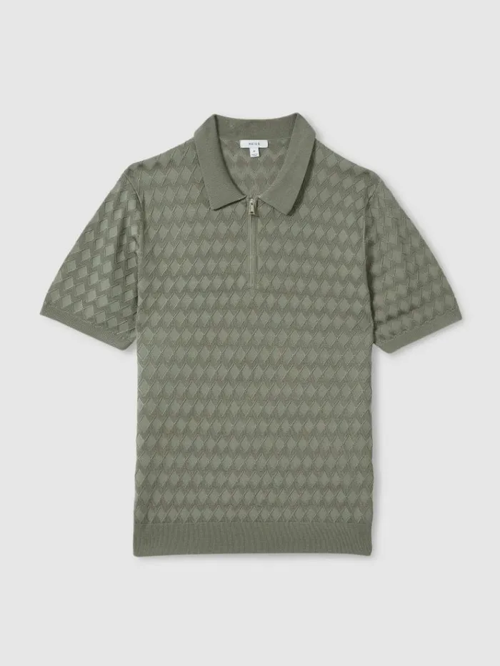 REISS Polo Shirts Men HalfZip Knitted Polo Shirt Sage