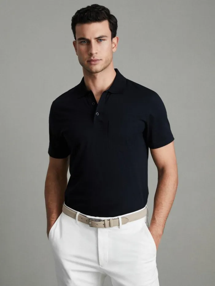 REISS Polo Shirts Men Mercerised Cotton Polo Shirt Navy