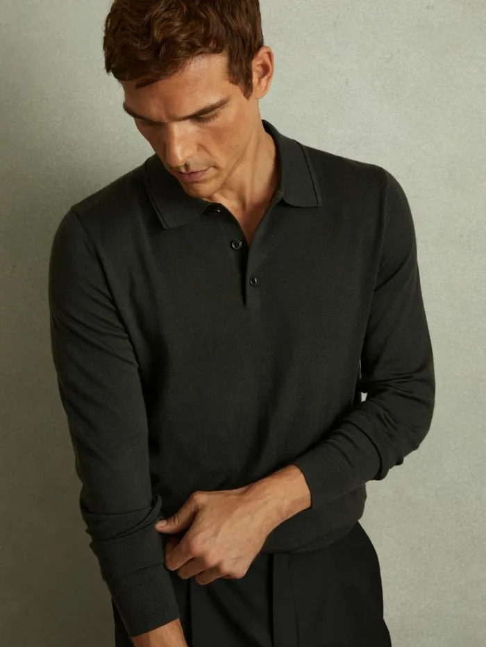 REISS Polo Shirts Men Merino Wool Polo Shirt Dark Military Green