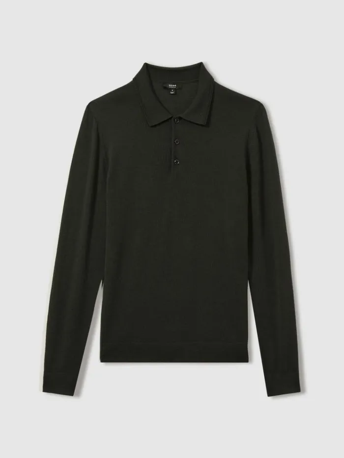 REISS Polo Shirts Men Merino Wool Polo Shirt Dark Military Green