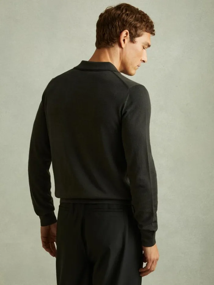 REISS Polo Shirts Men Merino Wool Polo Shirt Dark Military Green