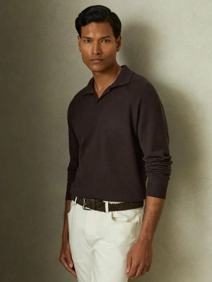 REISS Polo Shirts Men WoolCashmere OpenCollar Polo Shirt Chocolate Brown