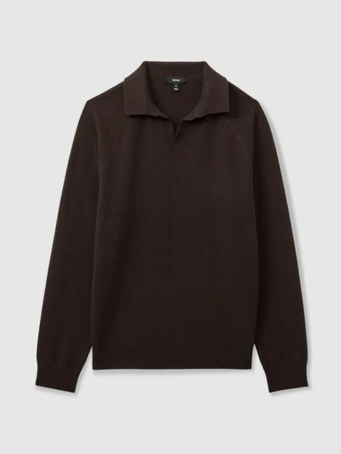 REISS Polo Shirts Men WoolCashmere OpenCollar Polo Shirt Chocolate Brown