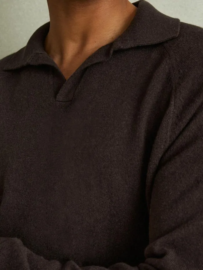 REISS Polo Shirts Men WoolCashmere OpenCollar Polo Shirt Chocolate Brown