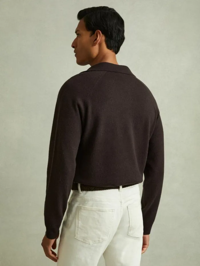 REISS Polo Shirts Men WoolCashmere OpenCollar Polo Shirt Chocolate Brown