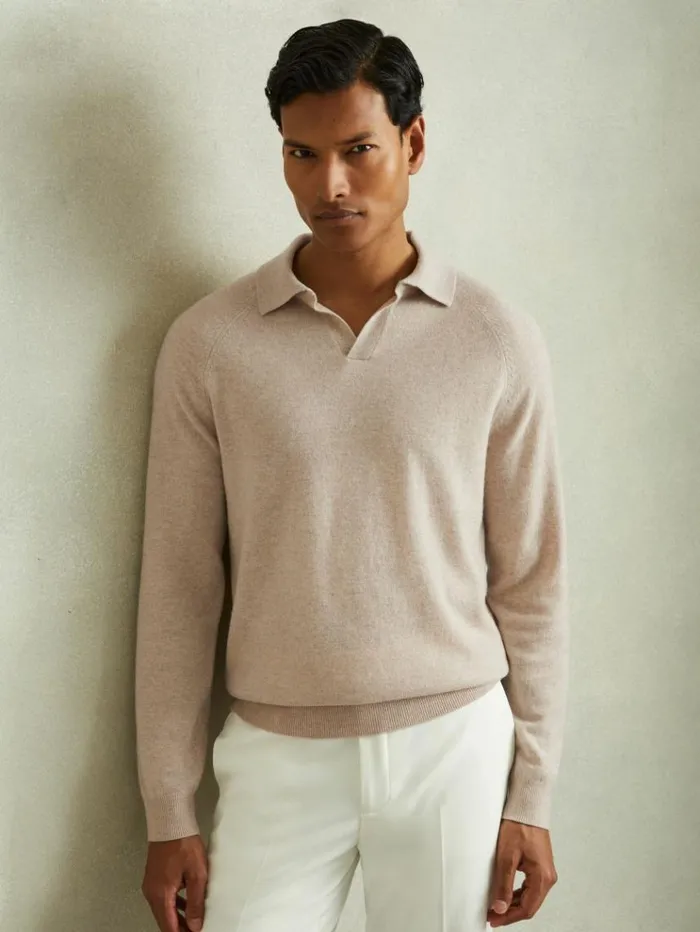 REISS Polo Shirts Men WoolCashmere OpenCollar Polo Shirt Oatmeal