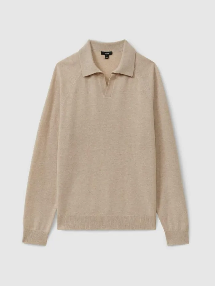 REISS Polo Shirts Men WoolCashmere OpenCollar Polo Shirt Oatmeal