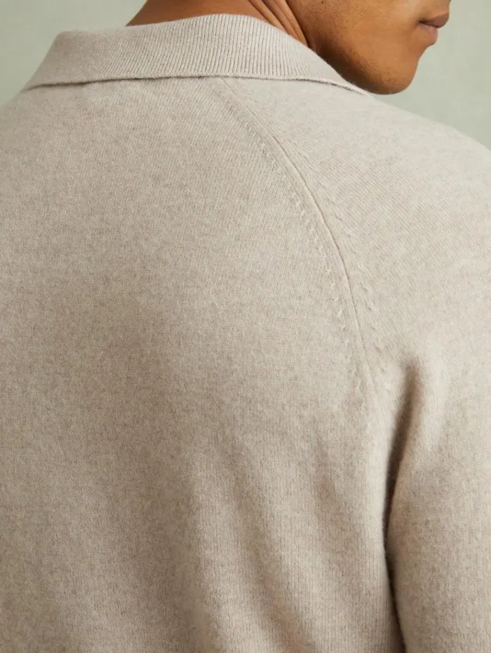 REISS Polo Shirts Men WoolCashmere OpenCollar Polo Shirt Oatmeal