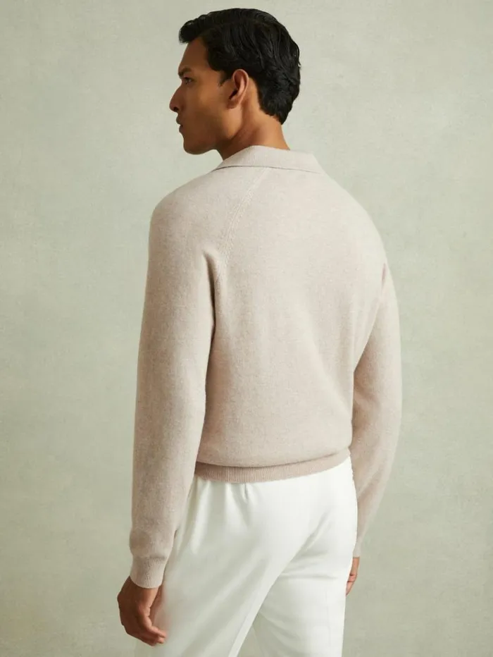 REISS Polo Shirts Men WoolCashmere OpenCollar Polo Shirt Oatmeal