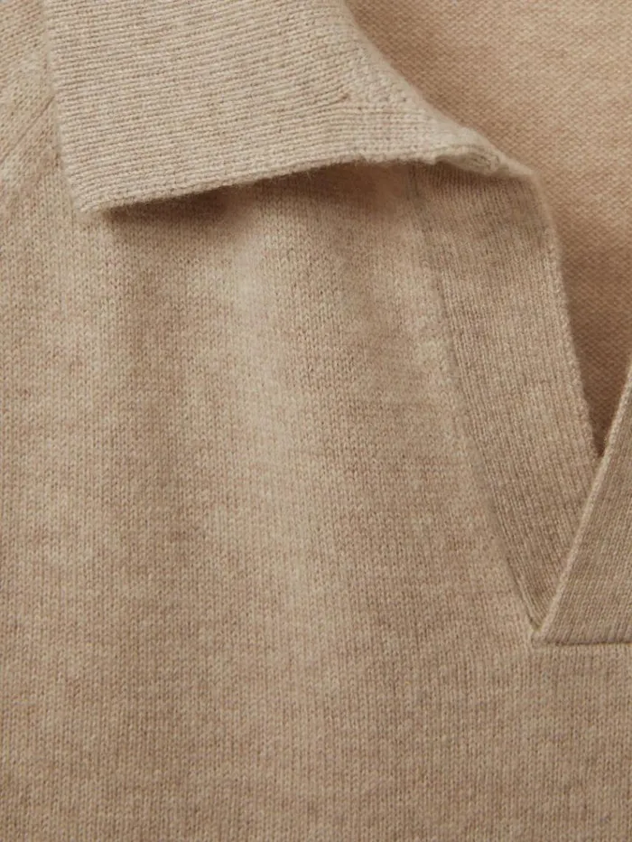 REISS Polo Shirts Men WoolCashmere OpenCollar Polo Shirt Oatmeal