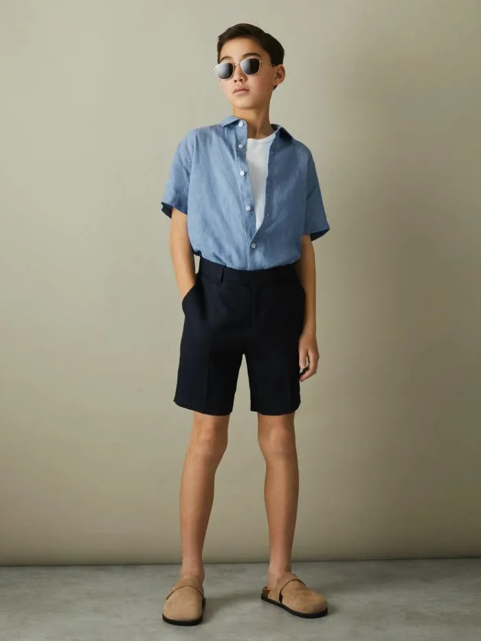 REISS Shirts Children Linen Cutaway Collar Shirt Sky Blue