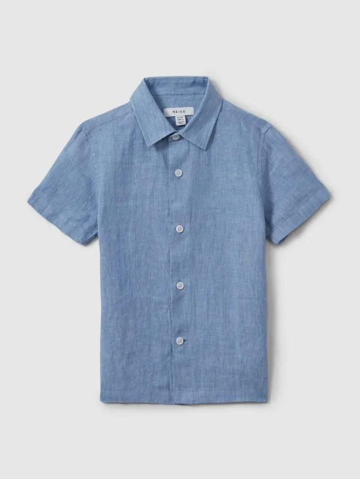 REISS Shirts Children Linen Cutaway Collar Shirt Sky Blue
