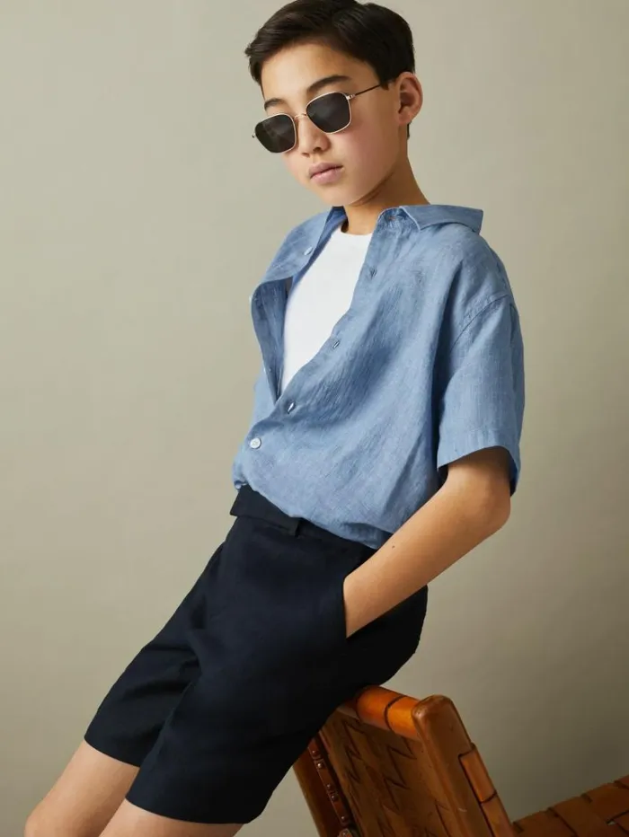 REISS Shirts Children Linen Cutaway Collar Shirt Sky Blue