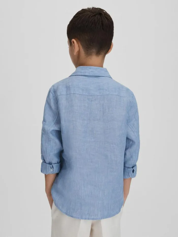 REISS Shirts Children Linen Cutaway Collar Shirt Sky Blue