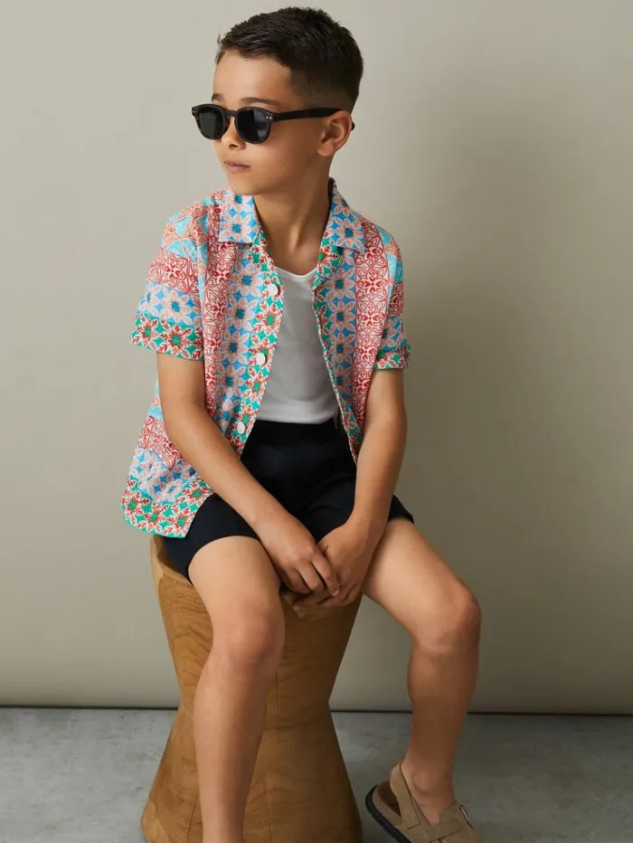 REISS Shirts Children Linen Printed Cuban Collar Shirt Orange Multi