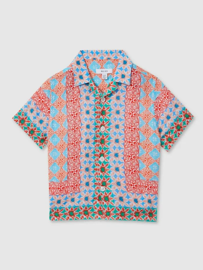 REISS Shirts Children Linen Printed Cuban Collar Shirt Orange Multi
