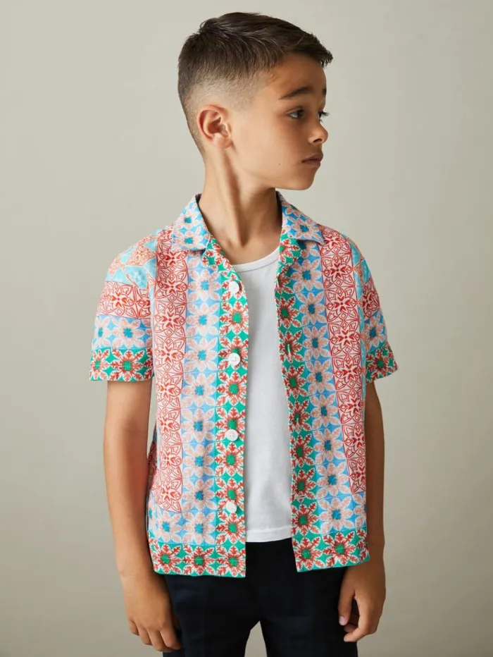 REISS Shirts Children Linen Printed Cuban Collar Shirt Orange Multi