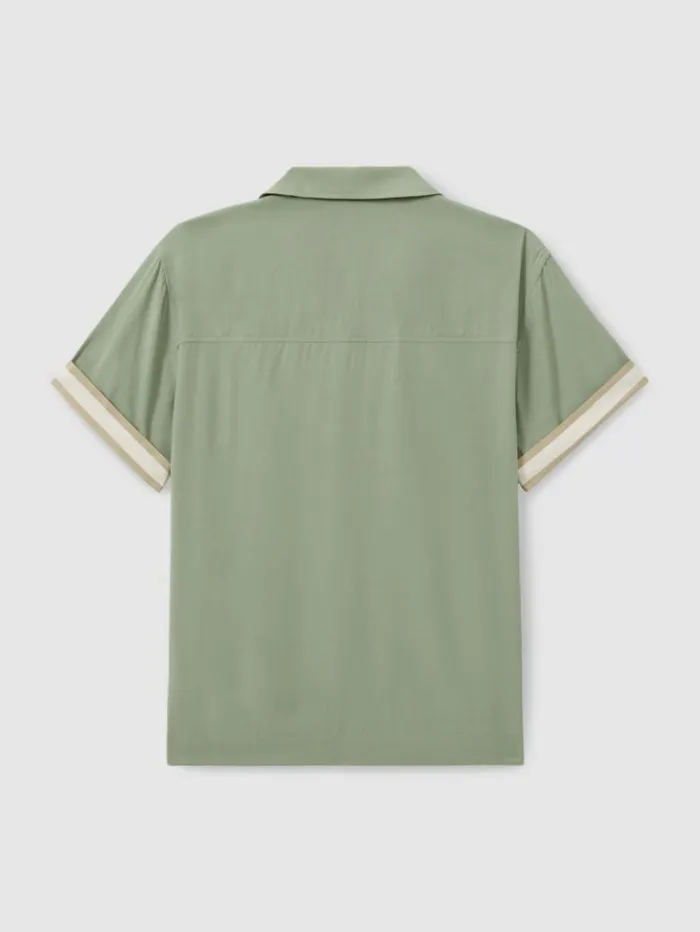 REISS Shirts Men Ch Cuff Detail Cuban Collar Shirt Sage Green