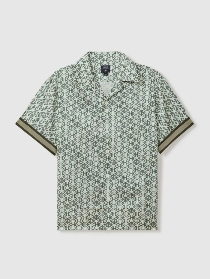 REISS Shirts Men Ch Monogram Print Cuff Detail Cuban Collar Shirt Ivorysage