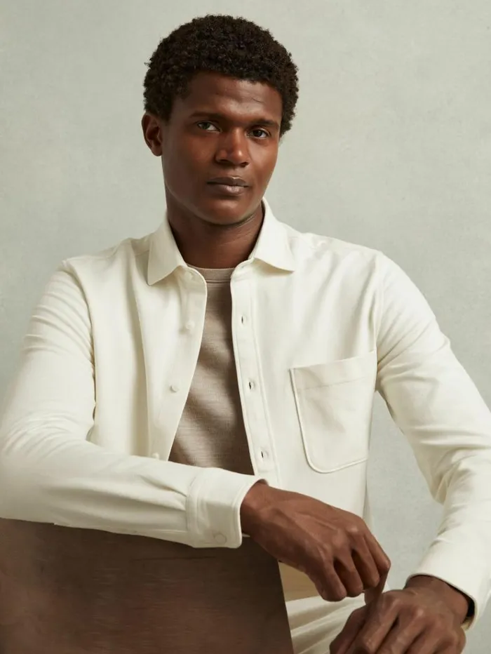 REISS Shirts Men Cotton Blend Twill Overshirt Off White
