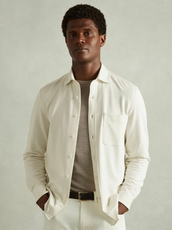 REISS Shirts Men Cotton Blend Twill Overshirt Off White