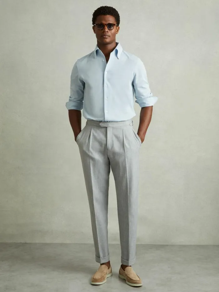 REISS Shirts Men Garment Dyed Cotton Pique Oxford Shirt Soft Blue