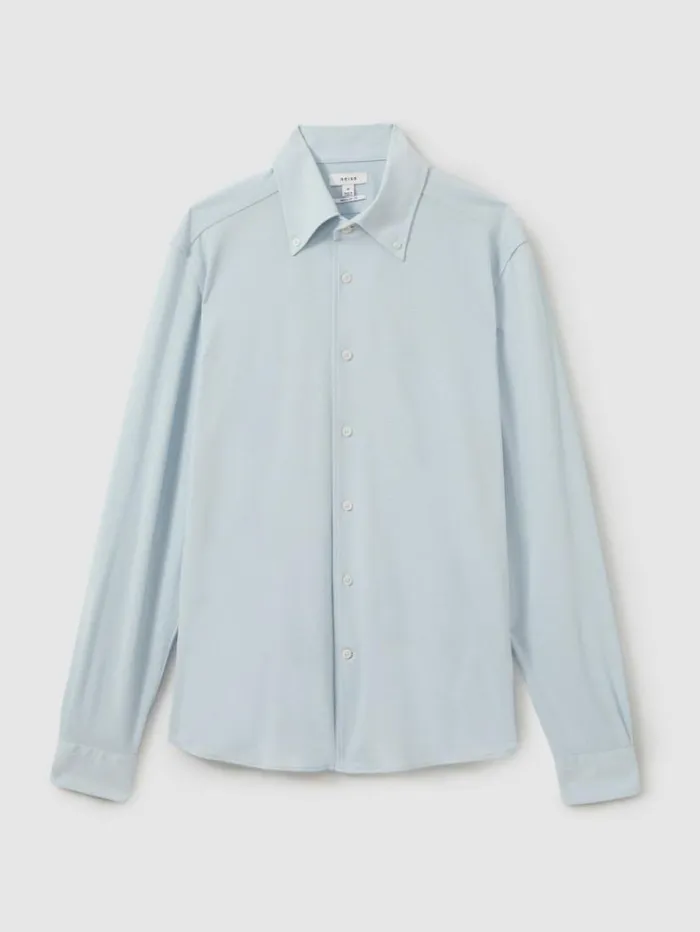 REISS Shirts Men Garment Dyed Cotton Pique Oxford Shirt Soft Blue