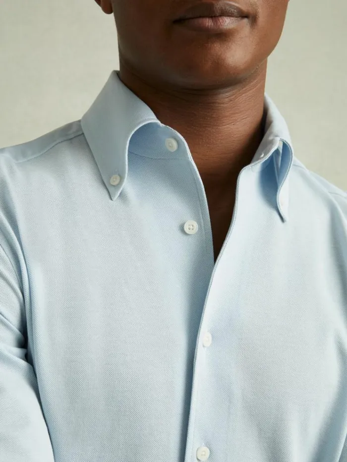 REISS Shirts Men Garment Dyed Cotton Pique Oxford Shirt Soft Blue