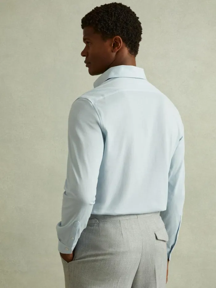 REISS Shirts Men Garment Dyed Cotton Pique Oxford Shirt Soft Blue