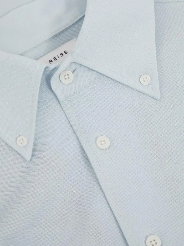 REISS Shirts Men Garment Dyed Cotton Pique Oxford Shirt Soft Blue