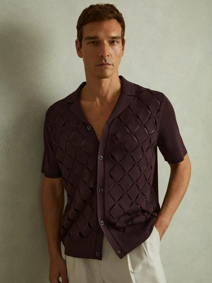 REISS Shirts Men Laser CutOut Cuban Collar Shirt Bordeaux