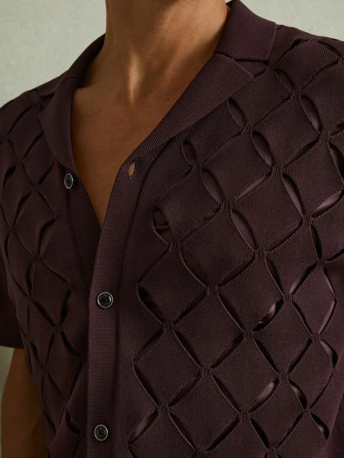 REISS Shirts Men Laser CutOut Cuban Collar Shirt Bordeaux