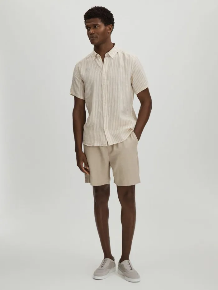 REISS Shirts Men Les Deux Light Green Linen Oxford Shirt Sandivory
